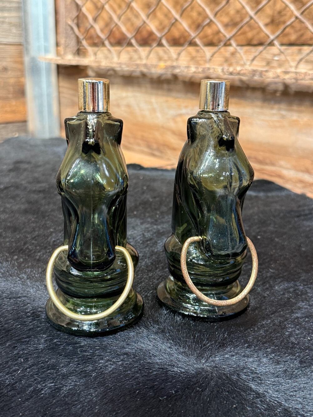 2 Vintage Avon Leather Horse Head Green Glass After Shave Bottles 4 oz Empty